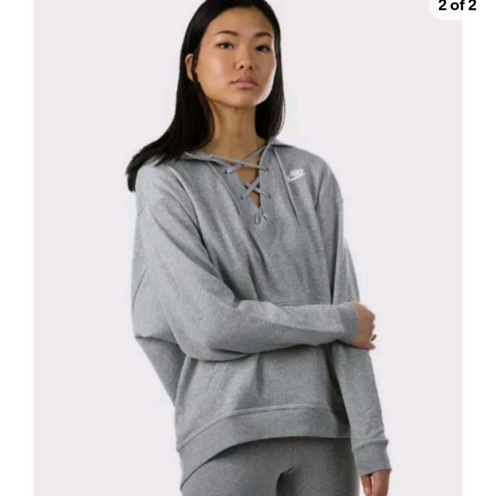 Nike Sportswear Club Lace Up Oversized Pullover Hoodie Gray Sz Medium